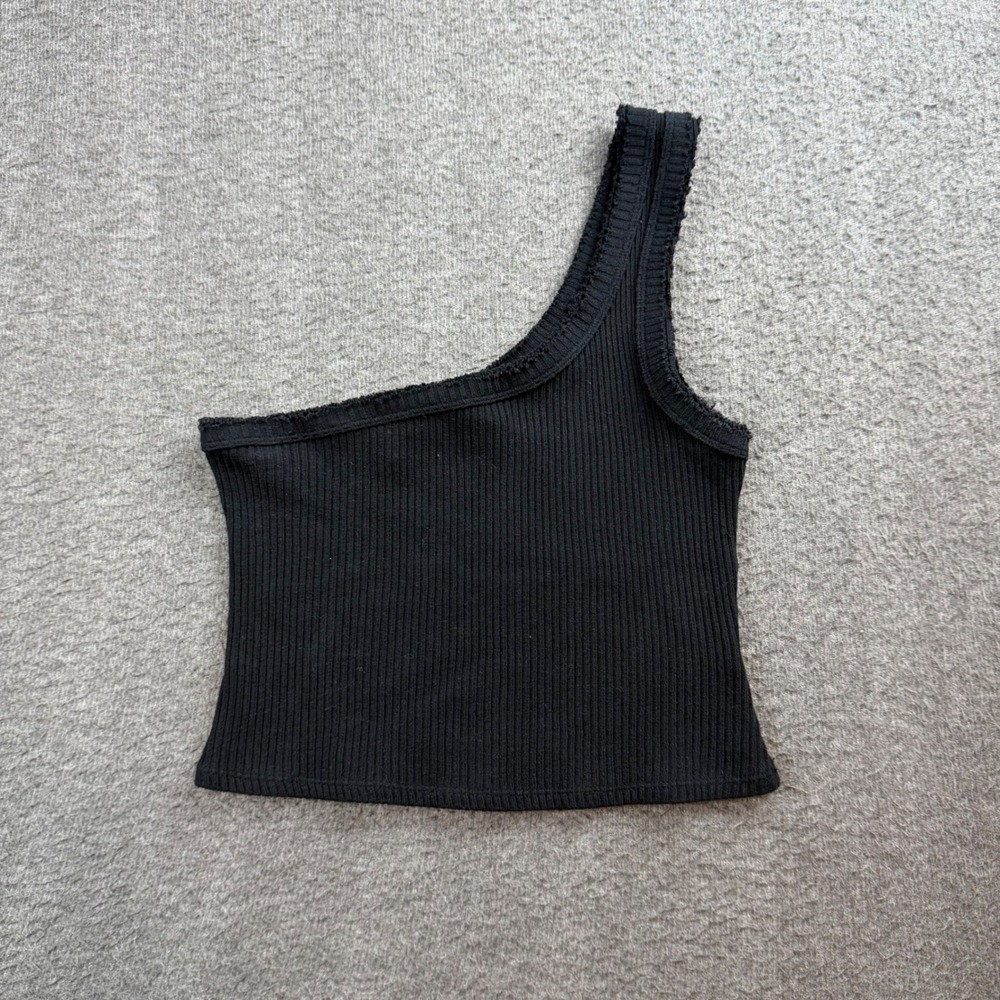 Urban Outfitters One Shoulder Tank Top Women's Small Black Ribbed Raw Edge Crop